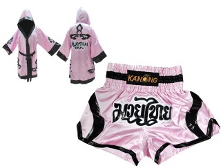 Personalized Boxing Robe with hood and Muay Thai Shorts : 143-Pink