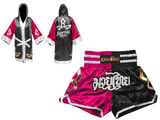 Personalized Boxing Robe with hood and Muay Thai Shorts : 143-Rose-Black
