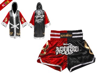 Personalize Boxing Robe and Muay Thai Shorts for Kids : 143-Red-Black