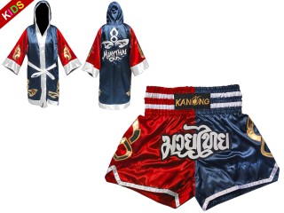 Personalize Boxing Robe and Muay Thai Shorts for Kids : 143-Red-Navy