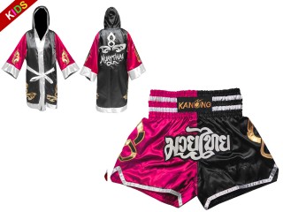 Personalize Boxing Robe and Muay Thai Shorts for Kids : 143-Rose-Black