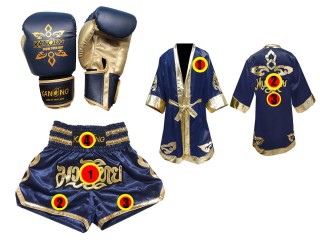 Boxing set - Boxing Gloves + Custom Muay Thai Shorts + Custom Boxing Robe : Navy Lai Thai
