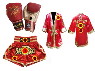 Boxing set - Boxing Gloves + Custom Muay Thai Shorts + Custom Boxing Robe : Red Lai Thai