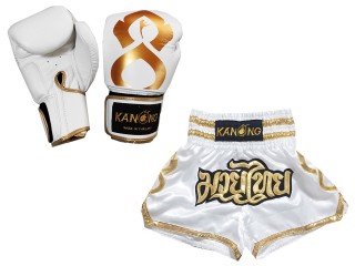 Bundle - Boxing Gloves and Customize Muay Thai Shorts :Set-121-White Leather