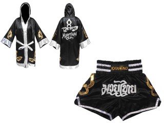 Personalized Boxing Robe with hood and Muay Thai Shorts : Set-143-Black