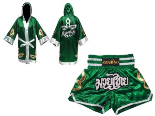 Personalized Boxing Robe with hood and Muay Thai Shorts : Set-143-Green