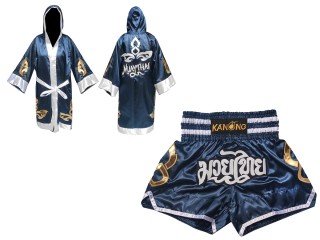Personalized Boxing Robe with hood and Muay Thai Shorts : Set-143-Navy