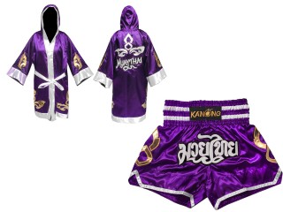 Personalized Boxing Robe with hood and Muay Thai Shorts : Set-143-Purple