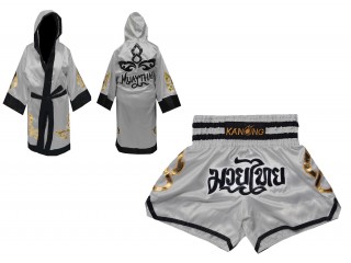 Personalized Boxing Robe with hood and Muay Thai Shorts : Set-143-Silver