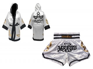 Personalized Boxing Robe with hood and Muay Thai Shorts : Set-143-White