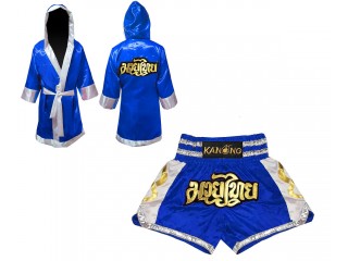 Personalized Boxing Robe with hood and Muay Thai Shorts : Set-141-Blue