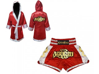 Personalized Boxing Robe with hood and Muay Thai Shorts : Set-141-Red