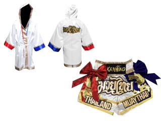 Personalized Boxing Robe and Muay Thai Shorts : 128-White